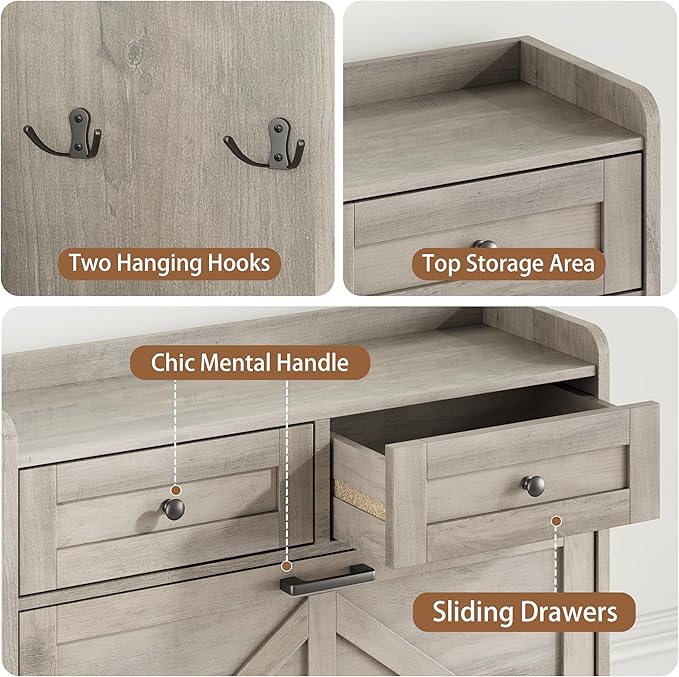 Shoe Cabinet with 2 Flip Drawers & 2 Top Drawers, 43" Tall Freestanding Narrow Wooden Shoe Storage Organizer for Entryway, Hidden Slim Shoe Rack for Front Door Entrance, Hallway, Living Room, Grey