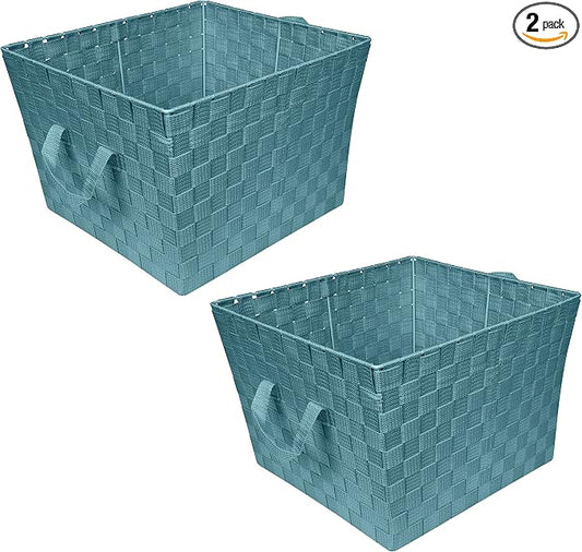 Simplify Large Woven Strap Tote | Decorative Storage Basket | 2 Handles | Organization | Closet | Bedroom | Bathroom | Nursery | Accessories | Toys | Gifts | 2 Pack | Sapphire