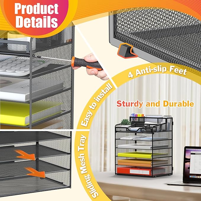 Docnest 6 Tier Mesh Desk Organizer with Letter Tray & Paper Sorter, Black | Features 3 built-in pen holders & 5 adjustable compartments on top. Includes 4 non-slip rubber feet for desk protection