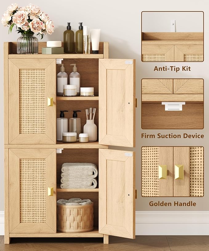 Akxomel 15" Rattan Small Bathroom Cabinet 4 Doors Adjustable Shelf Oak | Bathroom Organizer and Storage, Toilet Paper Floor Cabinet for Small Space