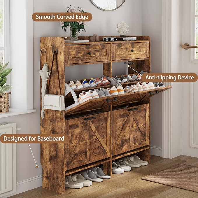 Shoe Cabinet with 4 Flip Drawers & 2 Top Drawers, 43" Tall Freestanding Narrow Wooden Shoe Storage Organizer for Entryway, Hidden Slim Shoe Rack for Front Door Entrance, Hallway, Living Room, Brown