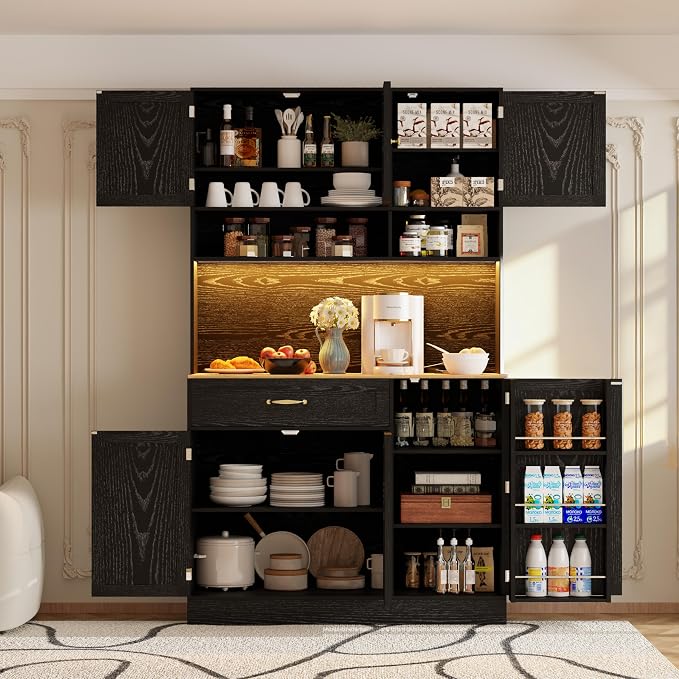 FJTJBSI 72" Kitchen Pantry Cabinet with LED Light and Charging Station Tall Pantry Storage Cabinet with Adjustable Shelves and Door Shelves Modern Kitchen Hutch with Countertop Black