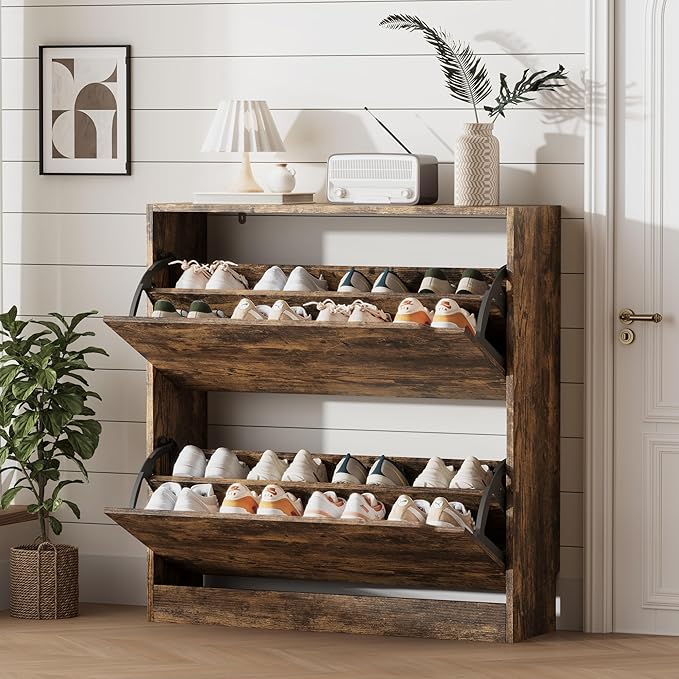 Xixini Shoe Storage Cabinet for Entryway with 2 Flip Drawers, Sturdy Wood Hidden Shoe Storage, Freestanding Narrow Slim Shoe Organizer for Front Door Entrance, Living Room, Hallway, Bedroom, Brown