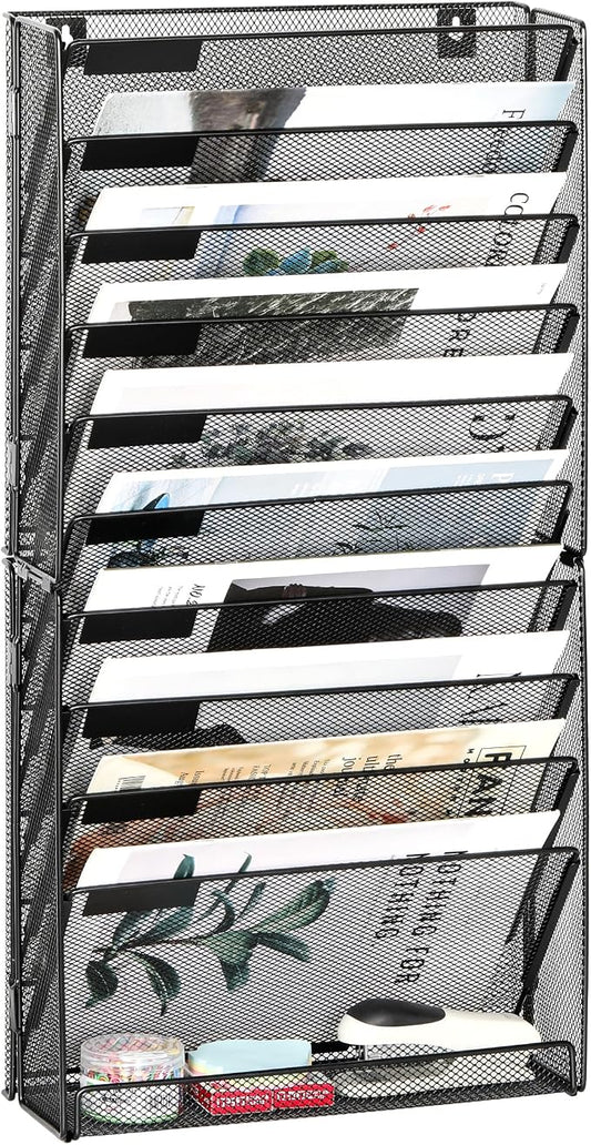 EasyPAG Wall File Holder 10 Tier Mesh Hanging Folder Organizer with Flat Tray Wall Mounted Mail Organizer Magazine Paper Desk Shelf with Nametag Label for Office Home School, Black