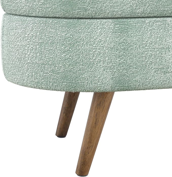 43.5” Storage Ottoman Bench，Upholstered Oval End of Bed Bench for Bedroom | Modern Linen Ottoman with Storage, Entryway Foot Rest with Wooden Legs, Lift-Top Lid with Safety Hinge, Living Room, Cyan