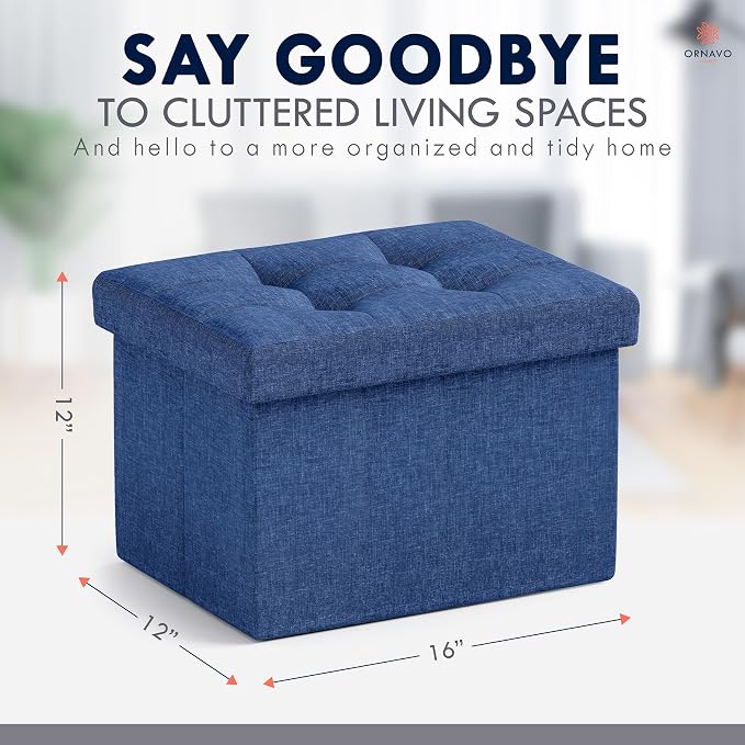 Ornavo Home Small Rectangle Storage Ottoman Set of 2, Linen, 12x16x12, Navy | Foldable Collapsible Design; Foot Rest Stool Seat; Ideal for Living Room, Bedroom, Home Office or Dorm