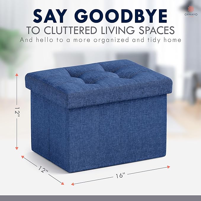 Ornavo Home Small Rectangle Storage Ottoman, Foldable Linen, 12x16x12, Navy | Collapsible Cube Design; Foot Rest Stool Seat; Ideal for Living Room, Bedroom, Home Office or Dorm