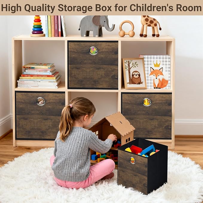 6 Pack Durable Storage Cube Bin with Decorative Wood Grain,Thickened Fabric Box,Storage Basket for Shelf,Closet,Storeroom,Bedroom,Living Room,Nursery,Office,Dorm,RV,10.2x10.2x11in,Brown & Black(Small)