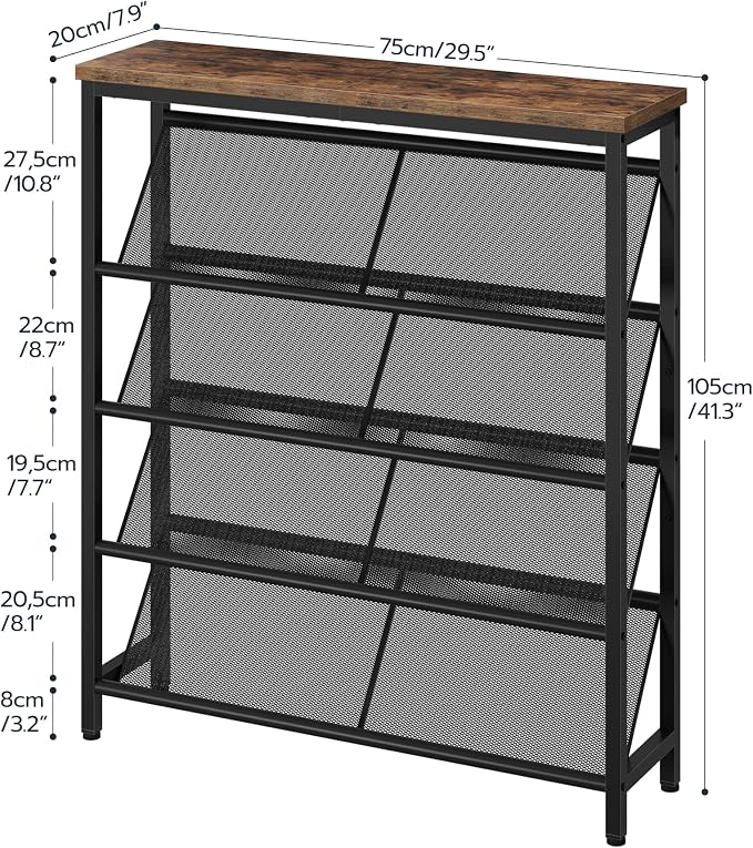 CHOEZON Shoe Rack, 5-Tier Slanted Shoe Storage Shelf, Narrow Shoe Rack for Entryway, Shoe Organizer with Adjustable Feet, Slim Shoe Shelf with Wooden Top and Metal Frame Rustic Brown and Black TXJ02BF