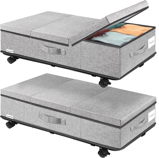 Supowin Under Bed Storage with Wheels, 2Pack Rolling Underbed Storage | 7.3 Inches Tall Under the Bed Container with Lids, Reinforced Handle, Reinforced Metal Bottom Support, 360° Rotating Wheels