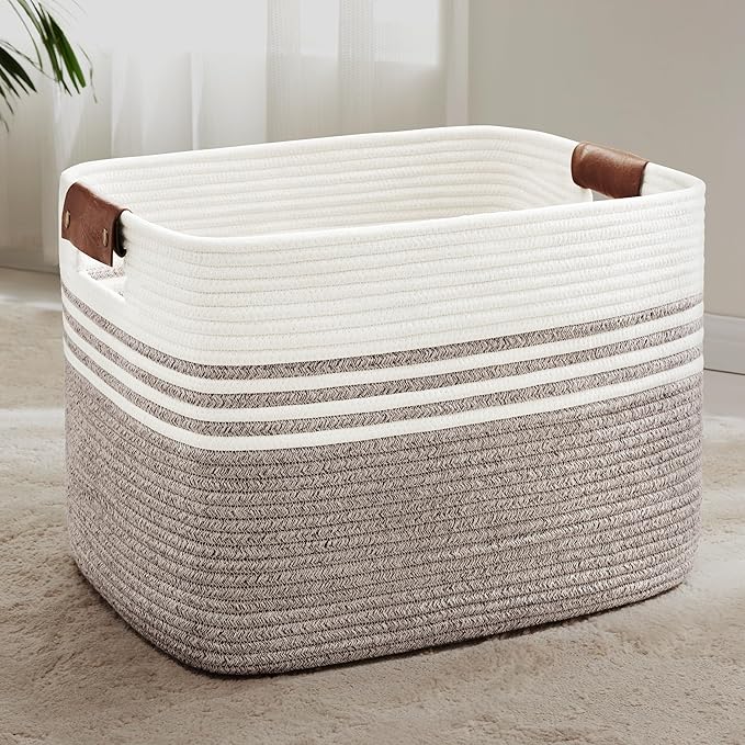 100L Woven Laundry Basket Hamper with Leather Handles,Dark Brown | collapsible wicker hamper, storage for dirty clothes, toys, blankets, gifts, living room, bedroom, bathroom, 24"x16"x16"