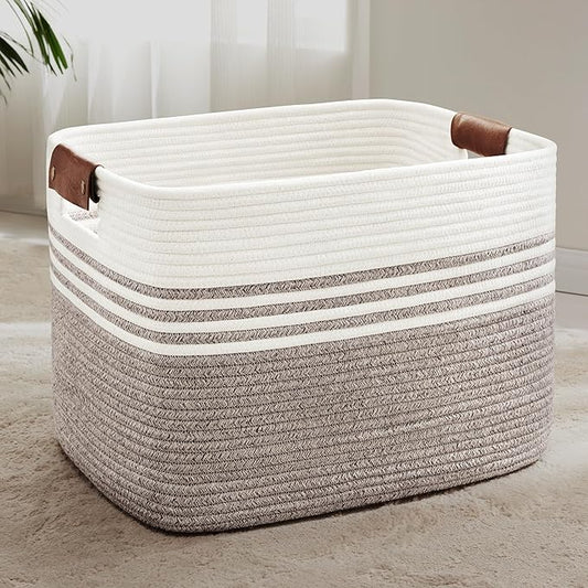 100L Woven Laundry Basket Hamper with Leather Handles,Dark Brown | collapsible wicker hamper, storage for dirty clothes, toys, blankets, gifts, living room, bedroom, bathroom, 24"x16"x16"