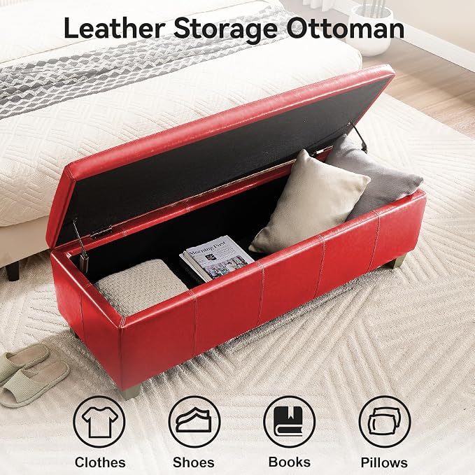 WUTUTUEE 41" Faux Leather Storage Ottoman, Stitch Tufted Rectangle Upholstered End of Bed Storage Bench, Entryway Large Couch Ottoman with Wooden Legs,Red