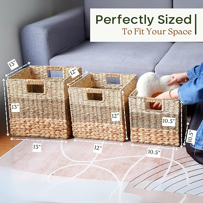 11x11 Wicker Storage Cubes Storage Baskets For Shelves Set 4 | 10.5 x 10.5 Water Hyacinth Storage Baskets Woven With Seagrass, Palm Leaf. Foldable Square Baskets With Carry Handles