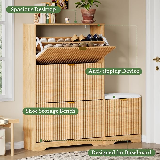 Xixini Shoe Storage Cabinet for Entryway with 3 Flip Drawers & Bench, Slim Wood Shoe Organizer with Modern Fluted Panel, Freestanding Narrow Shoe Rack for Front Door Entrance, Hallway, Foyer, Oak