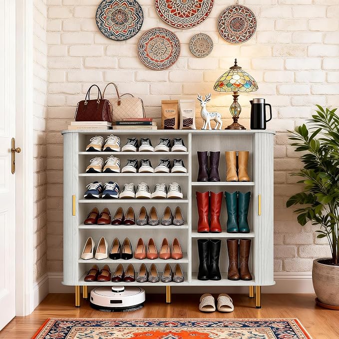 DHH Shoe Storage Cabinet with Sliding Door, 6-Tier Shoe Cabinet with Adjustable Shelves, Modern Freestanding Shoe Storage Organizer for Entryway, Hallway, Living Room (Washed Grey, 47 ")