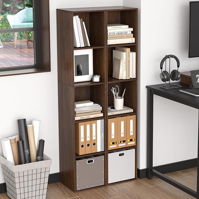 5 Cube Storage Organizer, Narrow Open Shelf Bookcase, Freestanding 5 Tier Low Display Bookshelf for Home Office, Living Room, Bedroom, Dark Brown & Black Walnut