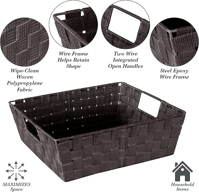 Simplify Large Shelf Woven Strap Tote | Decorative Storage Basket | Built in Handles | Organization | Closet | Bedroom | Bathroom | Nursery | Accessories | Toys | Gifts | 2 Pack | Chocolate