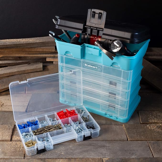 Small Parts Organizer Box - 10-Inch Portable Storage Case with 4 Removable Multi-Compartment Trays for Screws, Beads, Small Fishing Tackle, Hardware, and Craft Supplies by Stalwart (Light Blue)