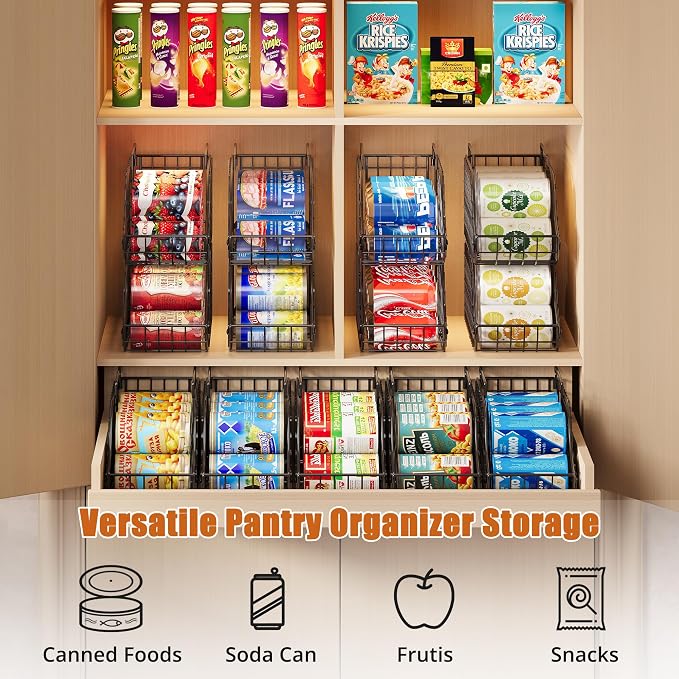 Sonyabecca 8 Pack Stackable Can Organizer for Pantry Cabinet Food Storage | Wire Storage Rack Holds Up to 72 Cans, Beverages and Food. Small Metal Organizer for Kitchen Counters, Fridges and RV