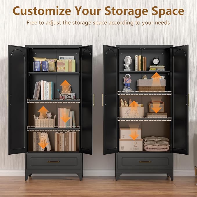 Polup 75" Tall Black Metal Pantry Storage Cabinet with 1 Drawer | Heavy-Duty Steel Kitchen Cabinet, 3 Adjustable Shelves & Magnetic Doors, Leveling Feet, for Dining Living Room, Laundry