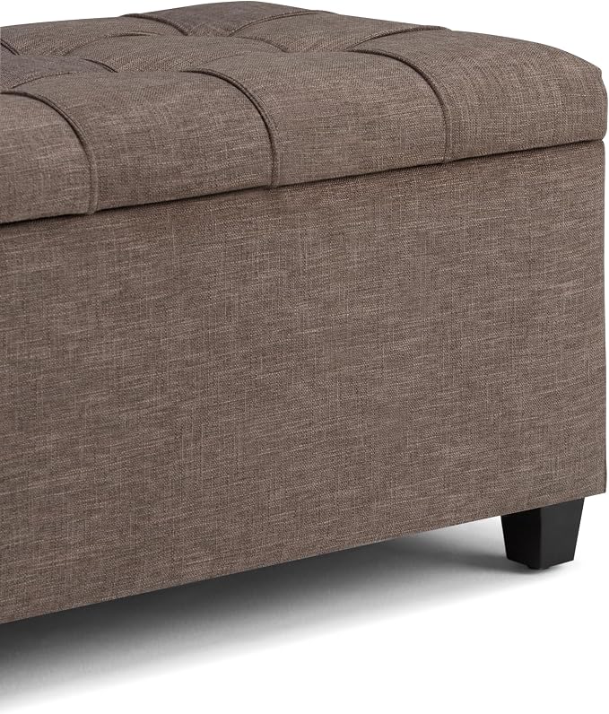 SIMPLIHOME Sienna 33" Wide Vegan Leather Storage Ottoman in Satin Cream | Tanners brown, transitional ottoman with tufting and lift-up lid; rectangle storage bench for living room or entryway.