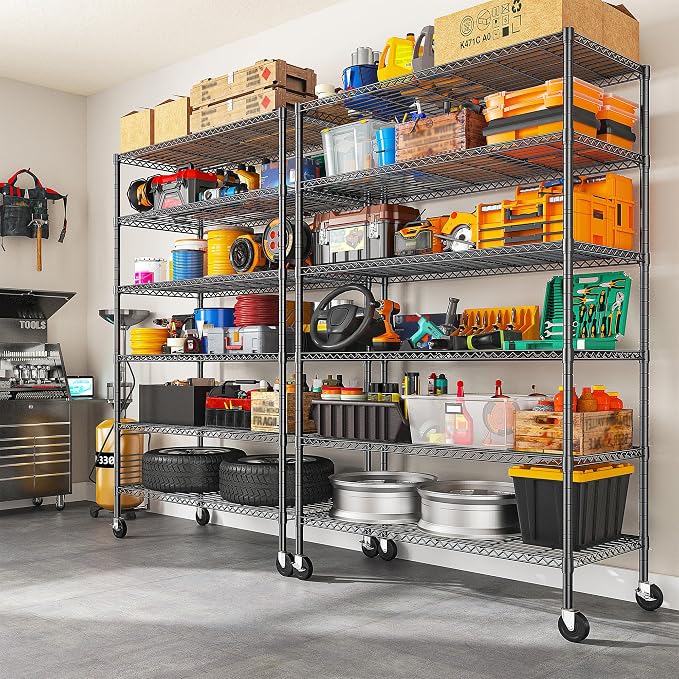 Romorgniz Storage Shelves with Wheels, 6 Tier Wire Shelving Adjustable Metal Shelving Pantry Shelves Capacity 1200LBS for Garage, Pantry, Kitchen, Office,82" H X45 W X18 D,Black,4P