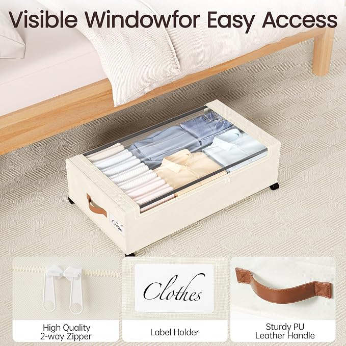 Yecaye 82 L Under Bed Storage with Wheels, 9.4 in Under Bed Storage Containers, Large Under Bed Shoe Storage with Lids, Rolling Underbed Storage bins for Clothes, Blankets, Beige