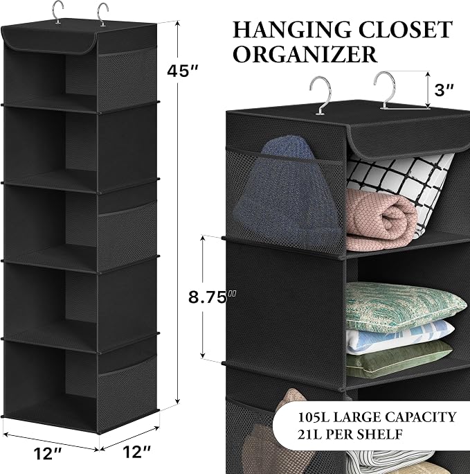 Simple Houseware 5 Shelf Hanging Closet Organizer, Black | 360° Rotating Dual Hooks, Top Support Metal Frame, 6 Side Mesh Pockets