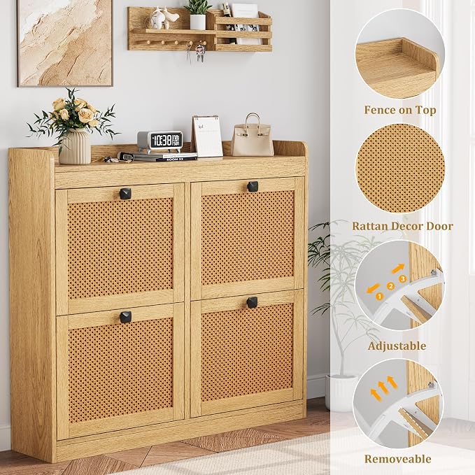 Garvee Shoe Storage Cabinet with 4 Flip Drawers, Wood Shoe Cabinet with Rattan Doors and Adjustable Shelves- Freestanding Shoe Organizer for Entryway, Hallway