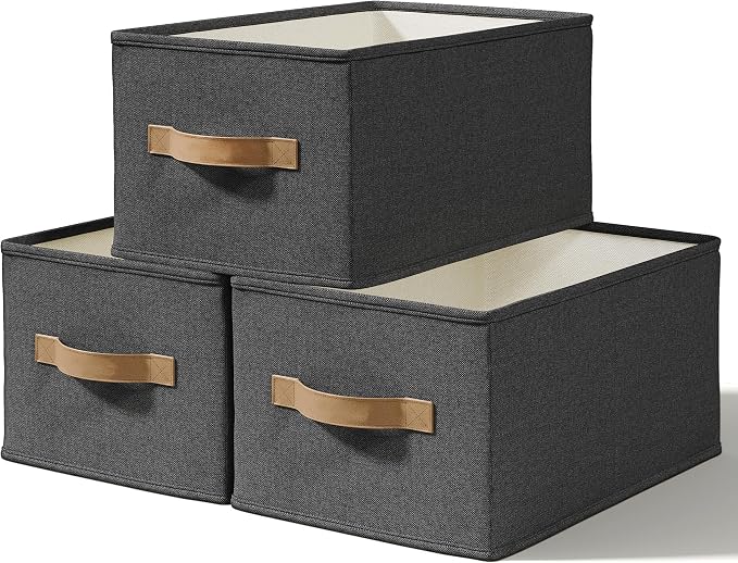 3-Pack Closet Storage Bins, Foldable Fabric Storage Baskets, Black | Thickened Rigid PP Panels, Cotton-linen Shelf Baskets, Measure 14.75"L x 10.25"W x 8.25"H for Clothes, Closets and Drawers