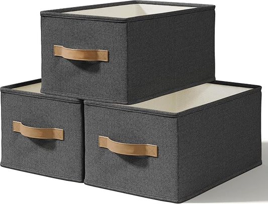 3-Pack Closet Storage Bins, Foldable Fabric Storage Baskets, Black | Thickened Rigid PP Panels, Cotton-linen Shelf Baskets, Measure 11.5"L x 8.75"W x 6.5"H for Clothes, Closets and Drawers