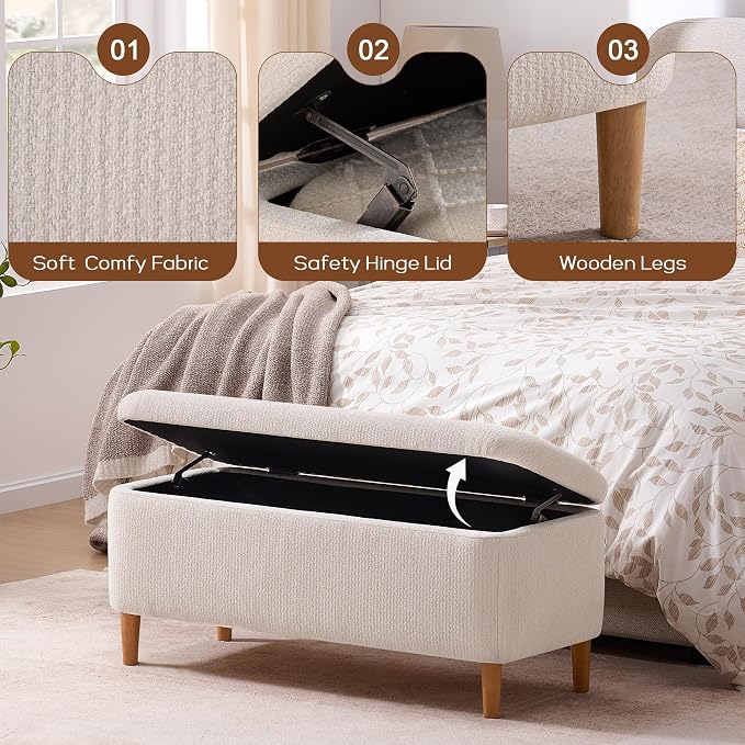 39.4”Ottoman with Storage Set of 2,Upholstered Comfy Storage Bench Ottoman with Wooden Legs,End of Bed Bench Footstool for Hallway Entryway Bedroom Living Room Corner Beige