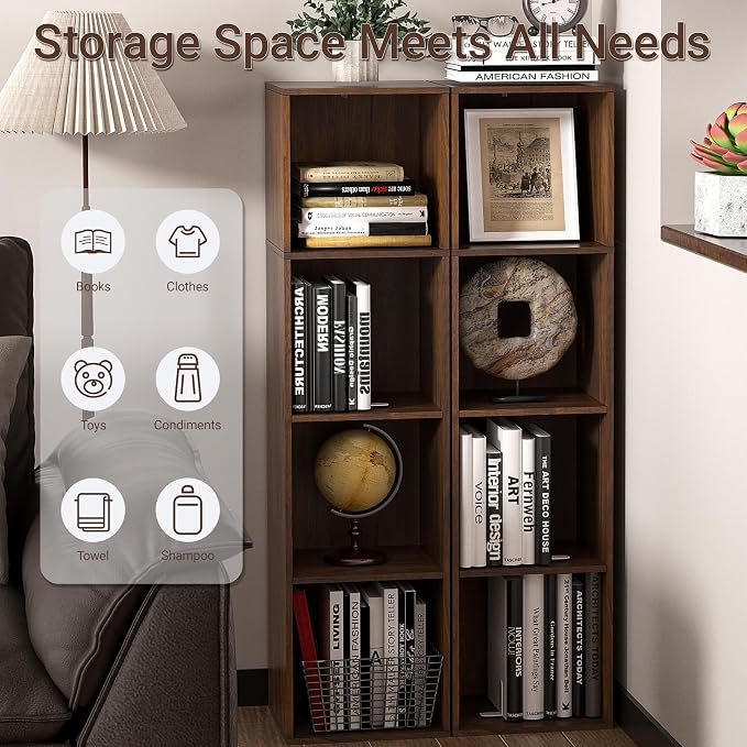 4Cube Storage Organizer, 4 Tier Cube Low Bookcase Freestanding Storage Display Organizer, Three-Cubes Open Shelf Bookshelf for Home Office (Dark Brown,Black Walnut, 4-Cube)
