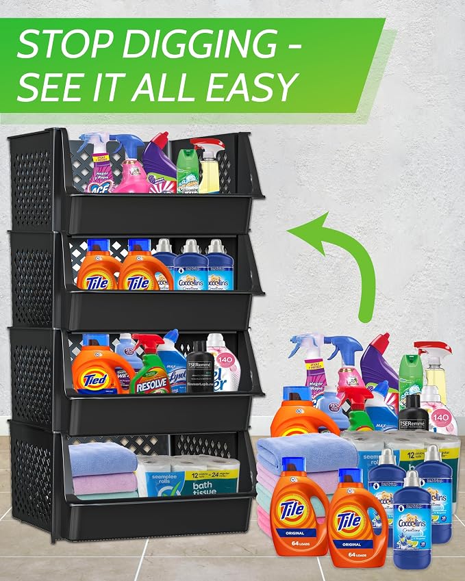 Large Stackable Storage Bins Open Front for Pantry Storage, 4 Pack - Black | Sturdy Plastic, Easy Stacking, Open Front Access, Ventilated Sides, Vertical & Space Saving Pantry Organizers and Storage Bin
