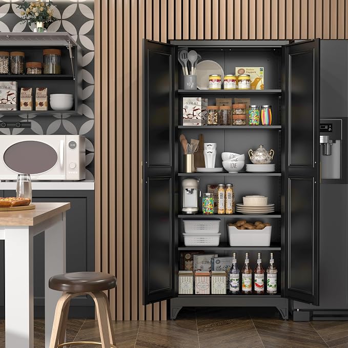 SteeLoong 75”Metal Pantry Storage Cabinet with Doors & 5 Adjustable Shelves | Kitchen Pantry Cabinet,Black Kitchen Cabinet with 2 Gold Handles,Tall Cabinet for Livingroom,Pantry, Bathroom,Kitchen,Garage