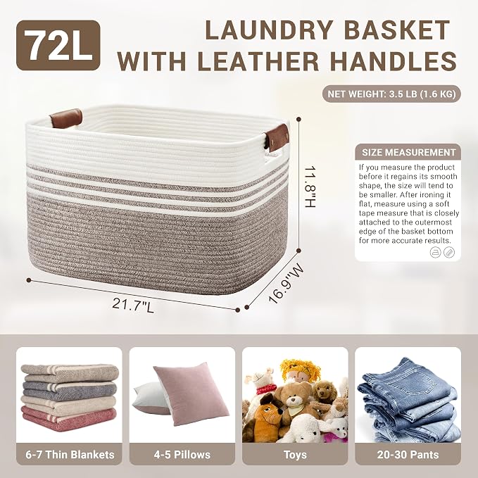 72L Woven Laundry Basket Hamper with Leather Handles,Dark Brown | collapsible wicker hamper, storage for dirty clothes, toys, blankets, gifts, living room, bedroom, bathroom, 22"x17"x12"