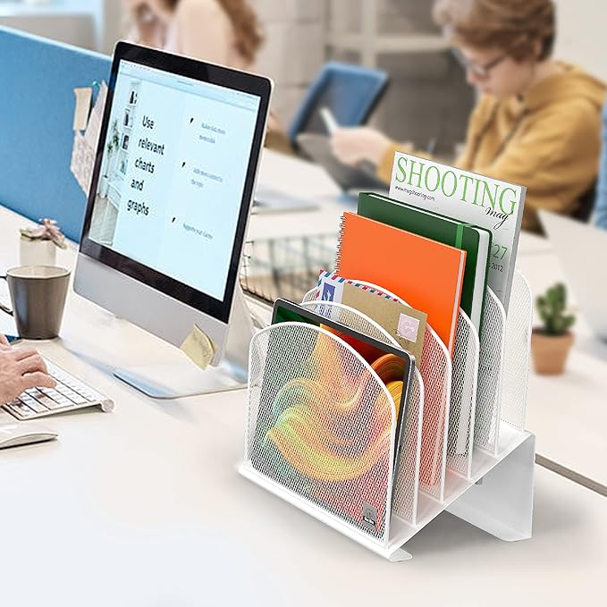 Delifox Inclined Desk File Organizer,Vertical File Folder Holder Stand Metal Rack File Sorter for Office Classroom Desktop Organization (2, White, 5)
