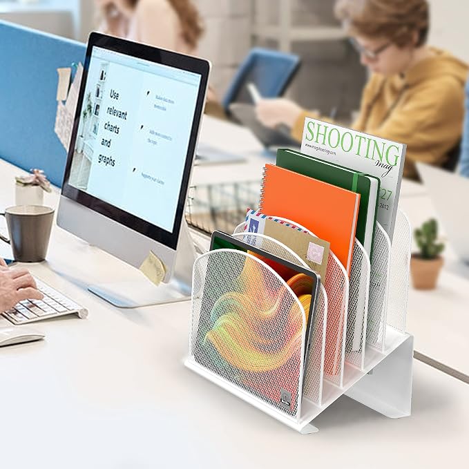 Delifox Inclined Desk File Organizer,Vertical File Folder Holder Stand Metal Rack File Sorter for Office Classroom Desktop Organization (1, White, 5)