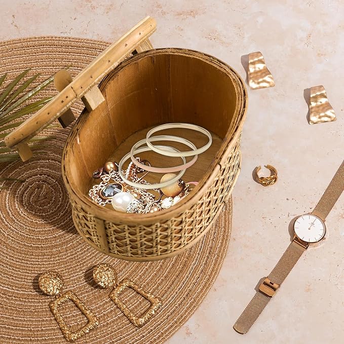 SOFE Rattan Decorative Box with Lid, Small Oval Box for Storage, Hand-Woven Display Boxes for Organizing Jewelry, Candies, Snacks, Keys, Farmhouse & Boho & Modern Home Decor, Dresser Decor