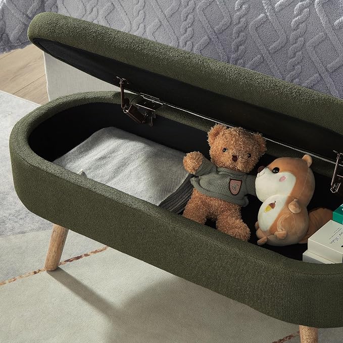 42.25" Ottoman with Storage, Storage Ottoman Bench with Safety Hinge, Boucle End of Bed Bench, Upholstered Entryway Bench for Bedroom, Living Room & Window, Holds up to 330 lb, Dark Green