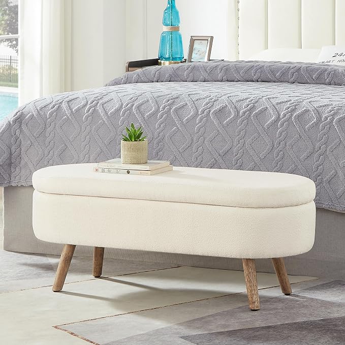 42.25" Ottoman with Storage, Storage Ottoman Bench with Safety Hinge, Boucle End of Bed Bench, Upholstered Entryway Bench for Bedroom, Living Room & Window, Holds up to 330 lb, Ivory
