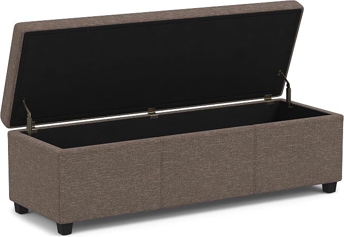 SIMPLIHOME Avalon 54" Wide Vegan Leather Storage Ottoman in Brown | Contemporary lift-top ottoman with high-density foam; rectangle storage bench or coffee table for living room or entryway.