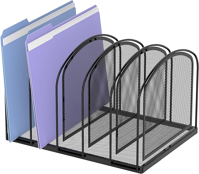 SUPEASY 5-Section File Organizer for Desk, Metal File Folder Holder, Black | 5 Vertical Compartments with Sturdy Metal Base for Office Documents Books Magazines and Laptop