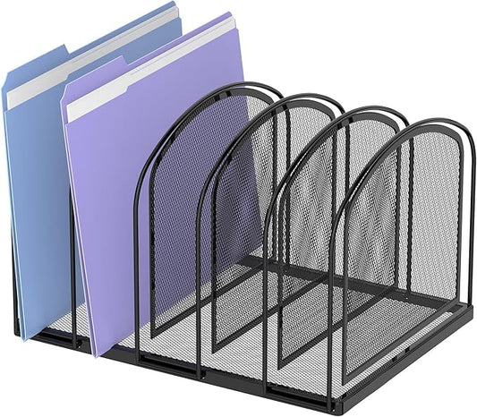SUPEASY 5-Section File Organizer for Desk, Metal File Folder Holder, Black | 5 Vertical Compartments with Sturdy Metal Base for Office Documents Books Magazines and Laptop