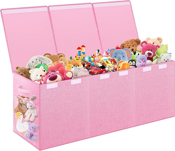 Extra Large Toy Box with Lids, Collapsible Storage Chest, 40"x16"x16" Pink | Sturdy Toy Storage Organizer with Dividers, Toybox for Kids Boys Girls, Bedroom Nursery Playroom Organization