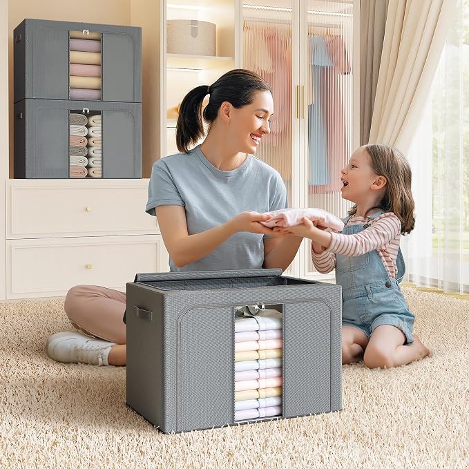 Clothes Storage Bins with Metal Frame, Foldable Clothes Organizers Storage Containers for Clothes, Sheets, Blankets, Pillows and Towels (100L, 3 Pack, Deep Grey)