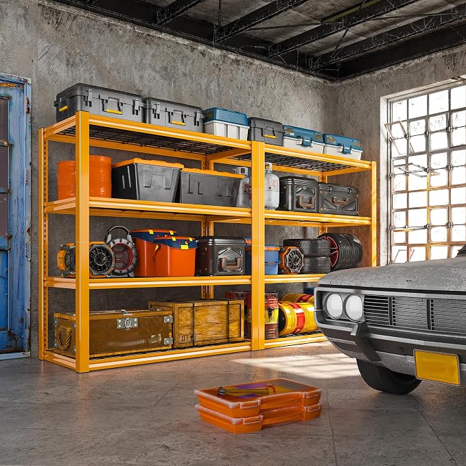REIBII 40" W Yellow Garage Shelving with Double-Layer Frames for Homeowners | 2240Lbs, Adjustable, 10-Min Easy Assembly, Wire Mesh Panels, for Garage Basement Warehouse Commercial, 40"W×19.5"D×59.5"H, 3P