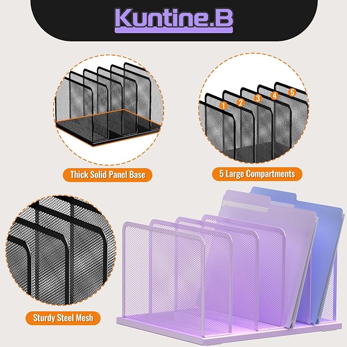 Kuntine.B 5-Section Upright Desk File Organizer Purple 1 Pack | Vertical, Mesh, Metal, Assembly, Stability, Sturdiness, Organization, Standing