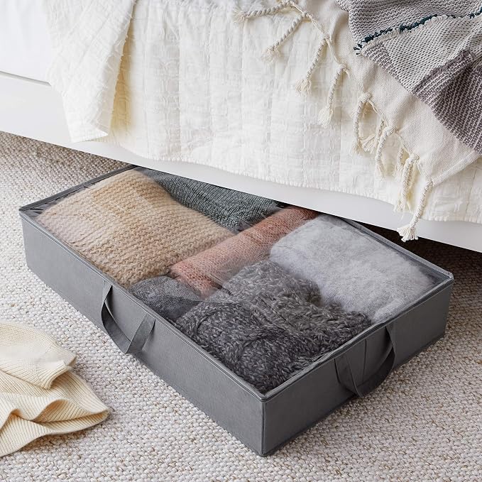 Amazon Basics Under Bed Storage Bags for Clothes, Blankets and Linens, Foldable Fabric Containers with Clear Window and Handles, 30.2" x 20" x 5.7", Gray, 2-Pack